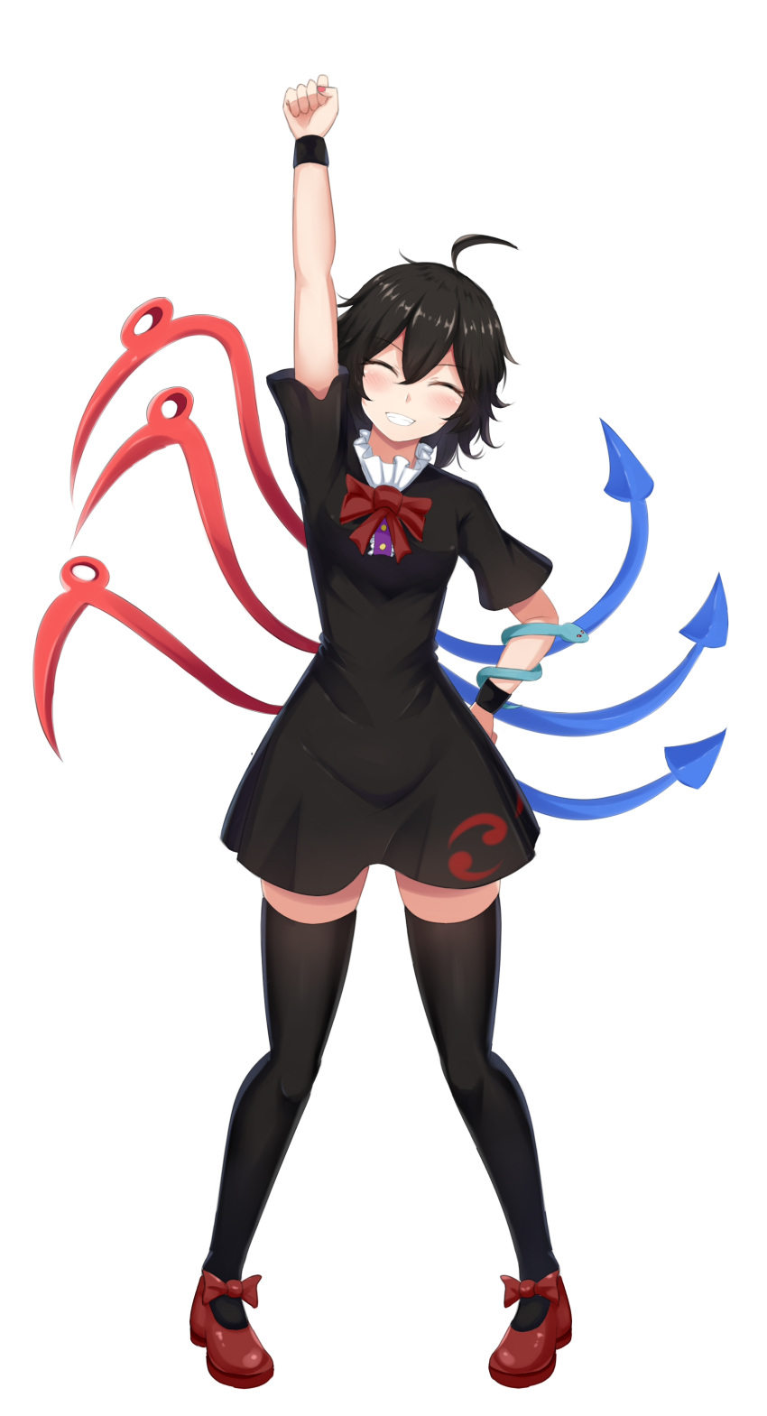 1girl, absurdres, arm_up, asymmetrical_wings, black_dress, black_hair, black_legwear, blush