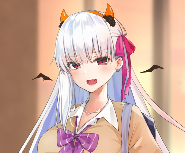 1girl, alternate_costume, bangs, beige_sweater, blush, bow, bowtie, breasts