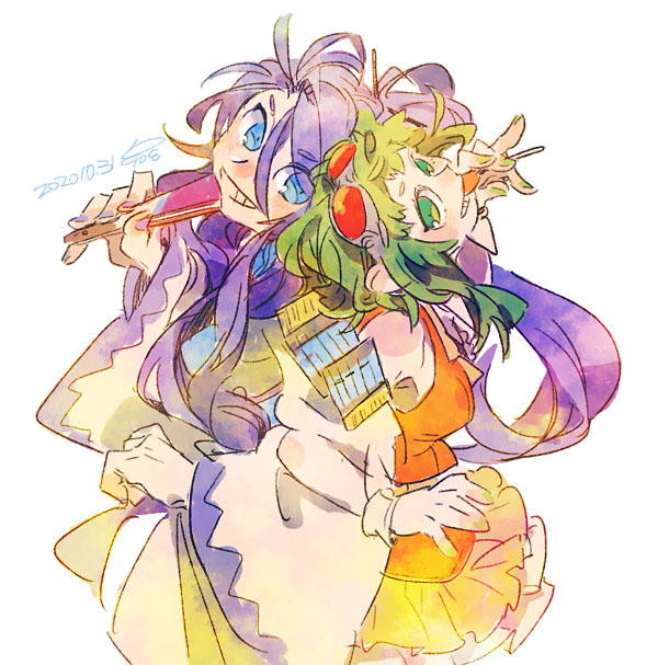 1boy, 1girl, 8'108, back-to-back, blue_eyes, candy, closed_fan, commentary