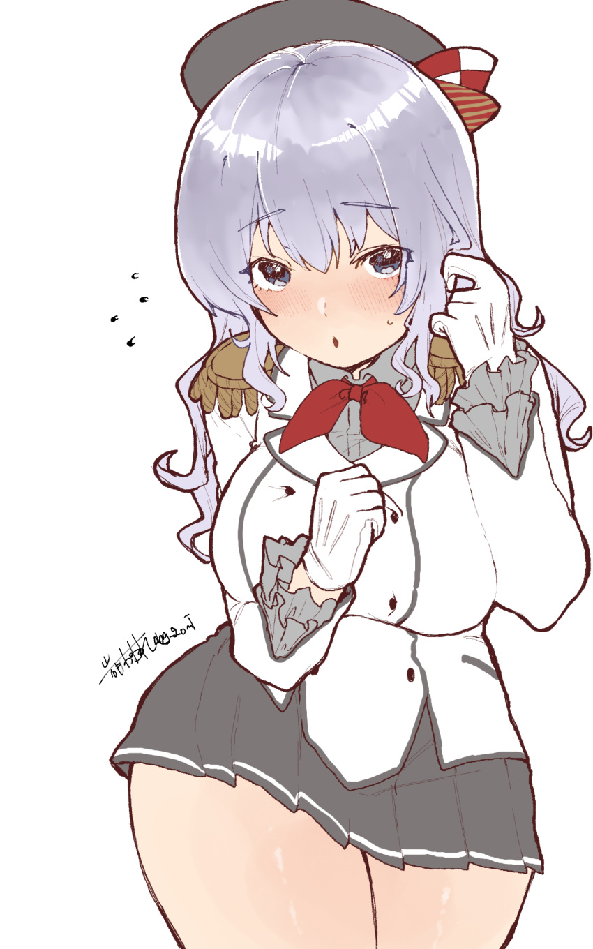 1girl, alternate_hairstyle, beret, black_headwear, blue_eyes, breasts, buttons, cowboy_shot