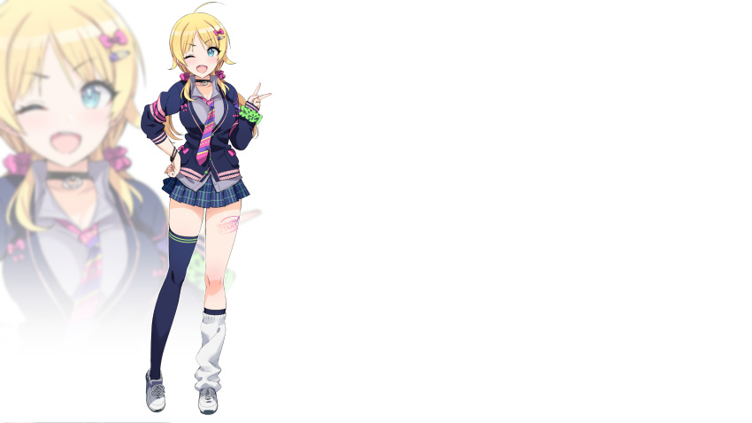 1girl, ahoge, asymmetrical_legwear, blonde_hair, bow, bracelet, cardigan, collar, collarbone, hachimiya_meguru, hair_ornament, hairpin, highres, idolmaster, idolmaster_shiny_colors, jewelry, kneehighs, landscape_wallpaper, long_hair, loose_socks, low_twintails, miniskirt, necktie, ootomo_takuji, pink_scrunchie, school_uniform, scrunchie, skirt, thigh-highs, twintails, v, wallpaper