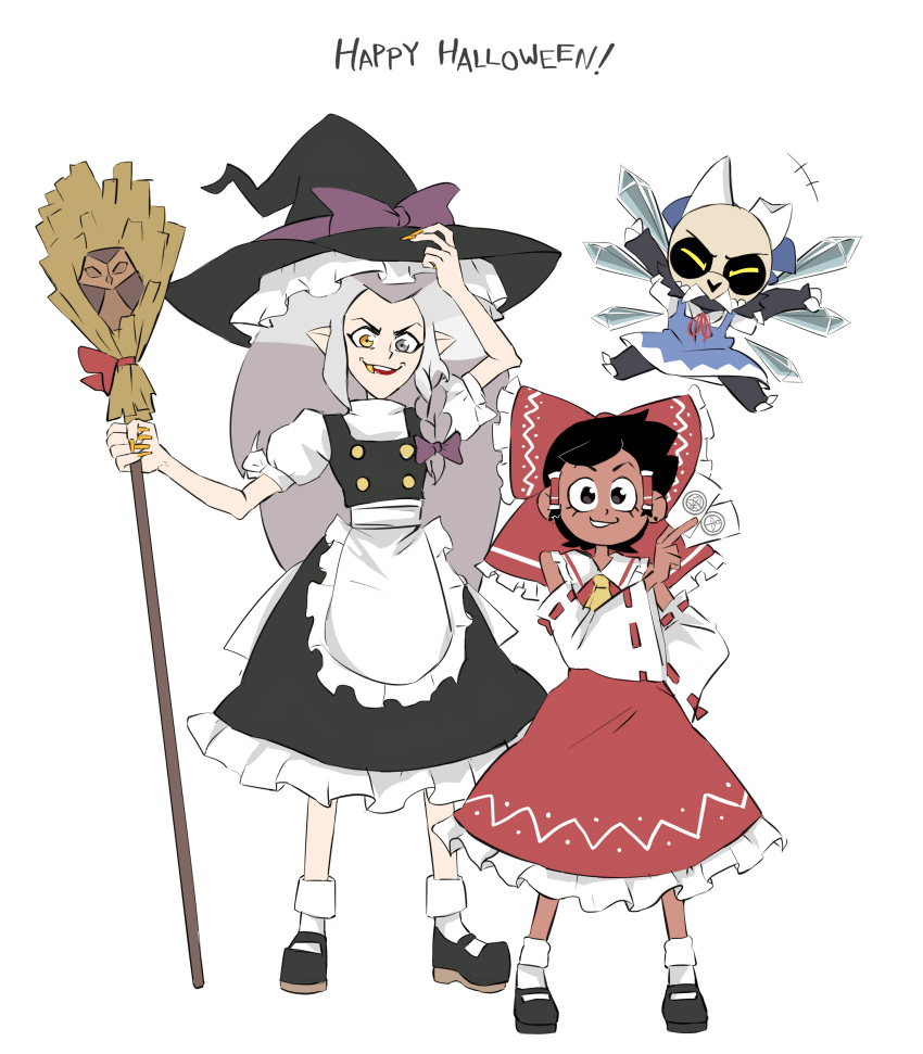 1boy, 2girls, absurdres, black_hair, bow, broom, cirno, cirno_(cosplay)
