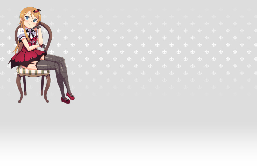 1girl, bat, brown_hair, chair, cosplay, dress, fleur_de_lis, garter_straps, gloves, hair_ornament, hairpin, hand_on_own_cheek, heart, heart_necklace, kousaka_kirino, landscape_wallpaper, long_hair, ootomo_takuji, ore_no_imouto_ga_konna_ni_kawaii_wake_ga_nai, red_dress, short_dress, sitting, spider_web_print, thigh-highs, vampire_costume, wallpaper
