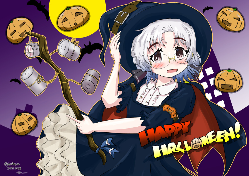 1girl, artist_name, bat, blush, halloween, halloween_background, halloween_costume, hat