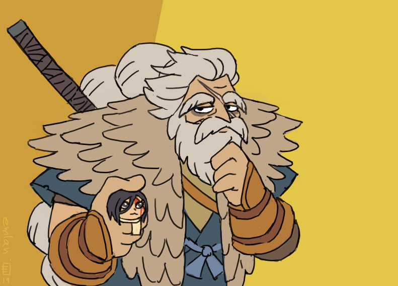 2boys, beard, emlan, facial_hair, father_and_son, great_shinobi_owl, grey_hair, hand_on_own_chin, holding_another, looney_tunes, male_focus, marc_antony_(looney_tunes), multiple_boys, orange_background, parody, petting, pussyfoot_(looney_tunes), scar, scar_across_eye, sekiro, sekiro:_shadows_die_twice, upper_body, yellow_background