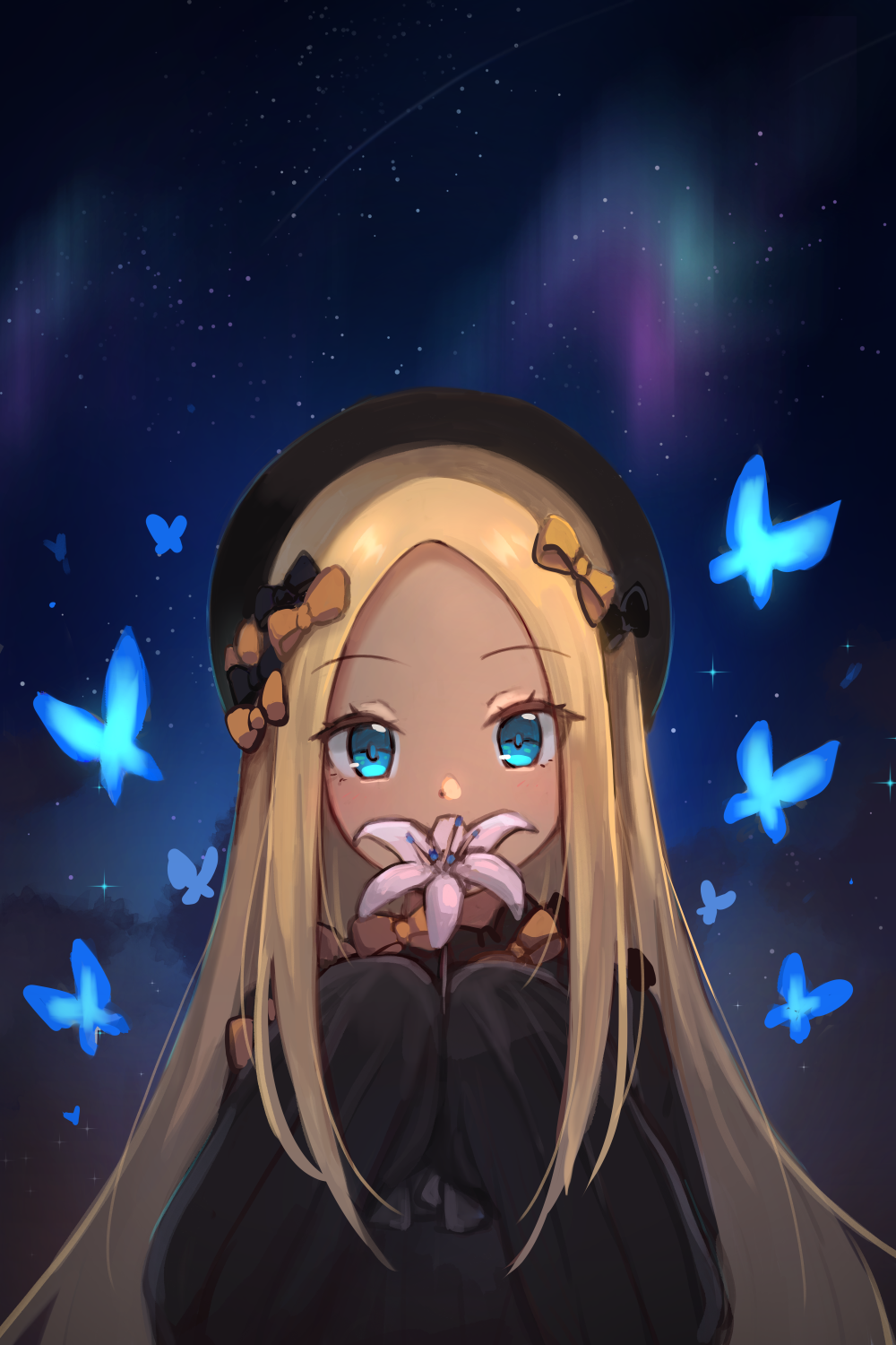 1girl, abigail_williams_(fate/grand_order), aurora, bangs, black_bow, black_dress, black_headwear, blonde_hair