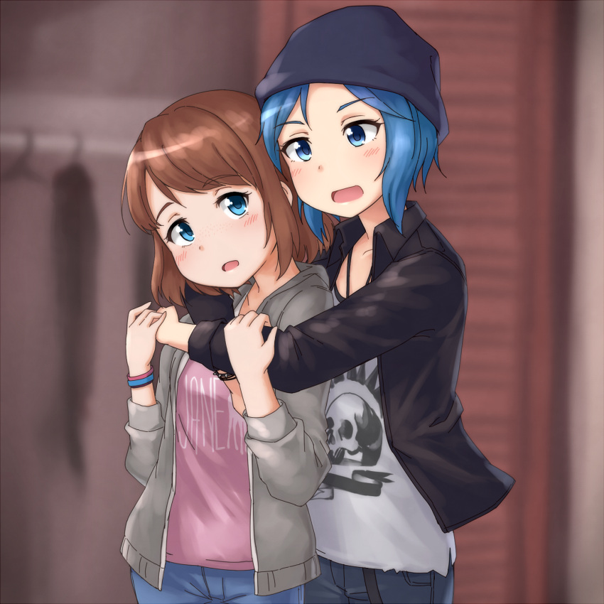 2girls, beanie, black_jacket, blue_eyes, blue_hair, blurry, blurry_background, chloe_price
