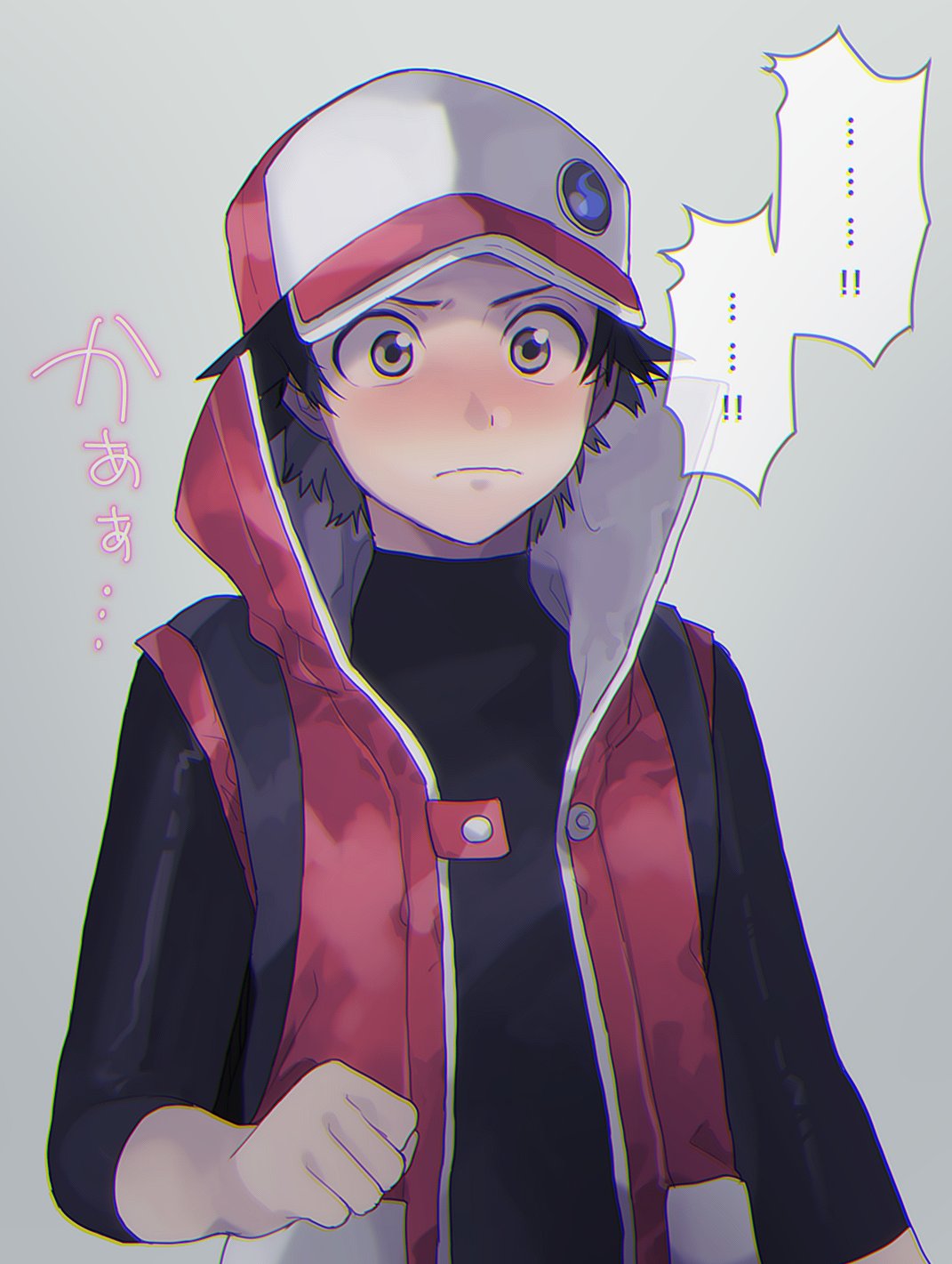 1boy, badge, baseball_cap, black_hair, black_shirt, blush, clenched_hand, closed_mouth