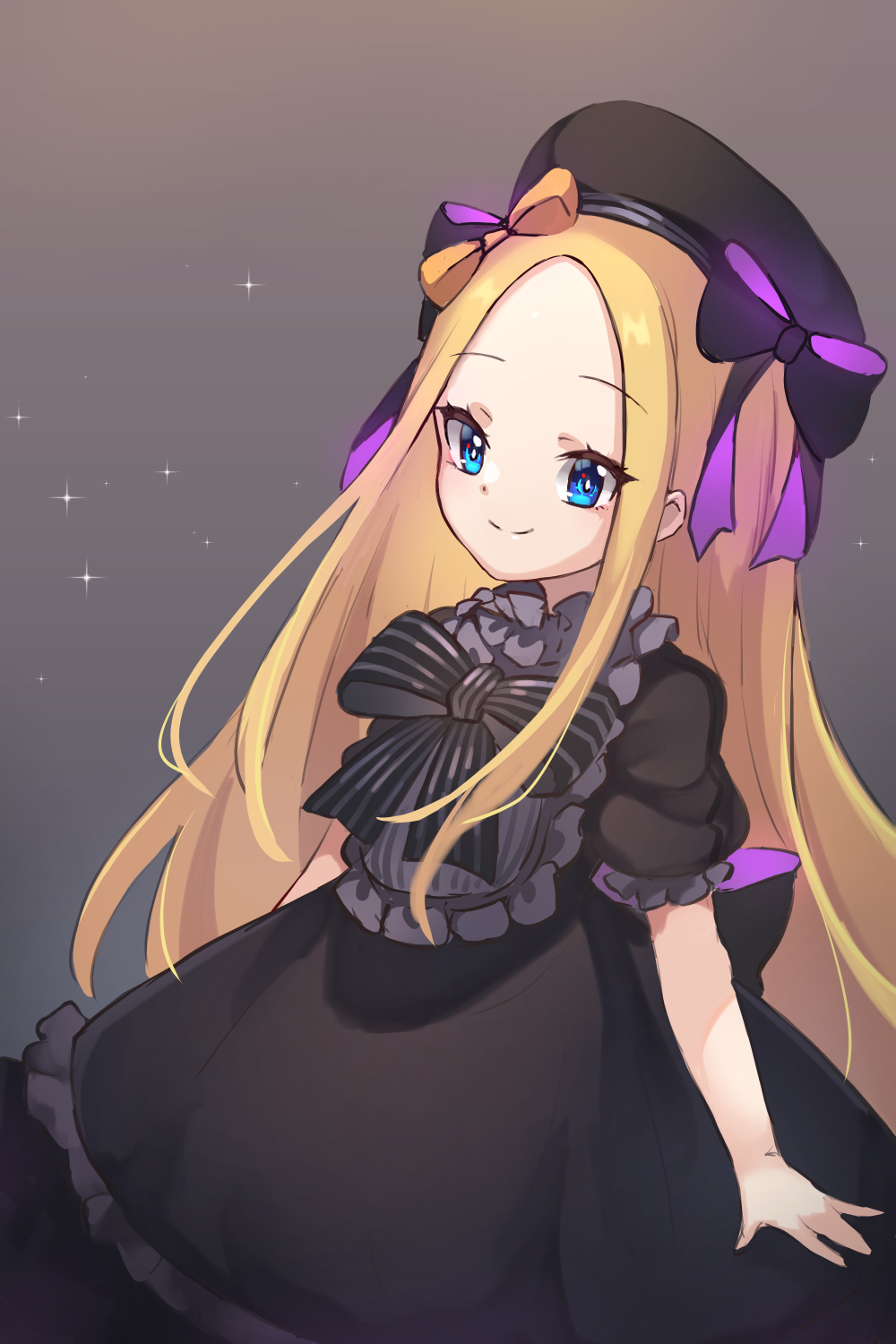 1girl, abigail_williams_(fate/grand_order), bangs, beret, black_bow, black_dress, black_headwear, blonde_hair