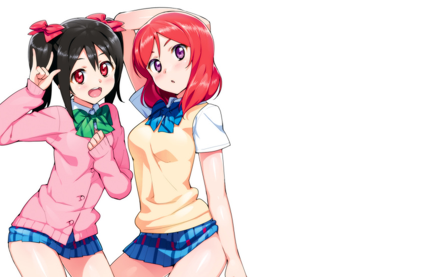 2girls, arm_up, arms_behind_head, black_hair, bow, bowtie, cardigan, hair_bow