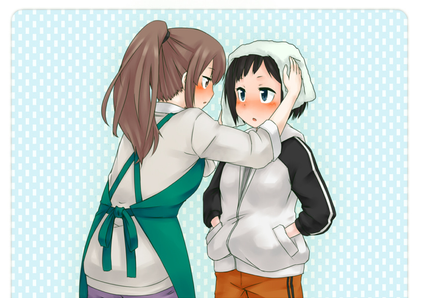 apron, black_hair, blush, brown_hair, couple, eye_contact, hands_in_pockets, height_difference