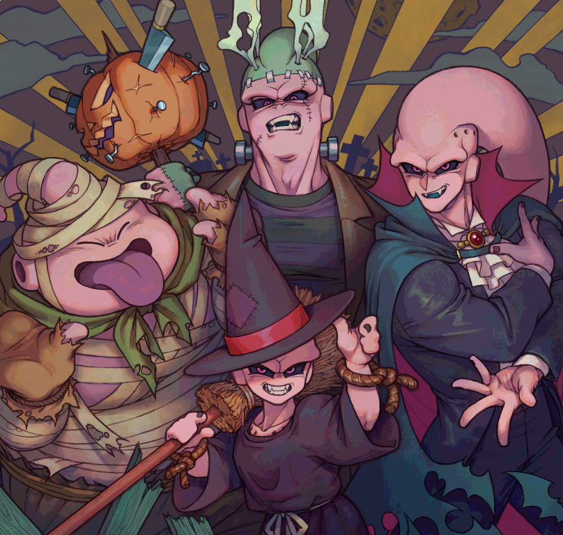 4boys, :d, :p, black_nails, black_robe, black_sclera, bolt, broom