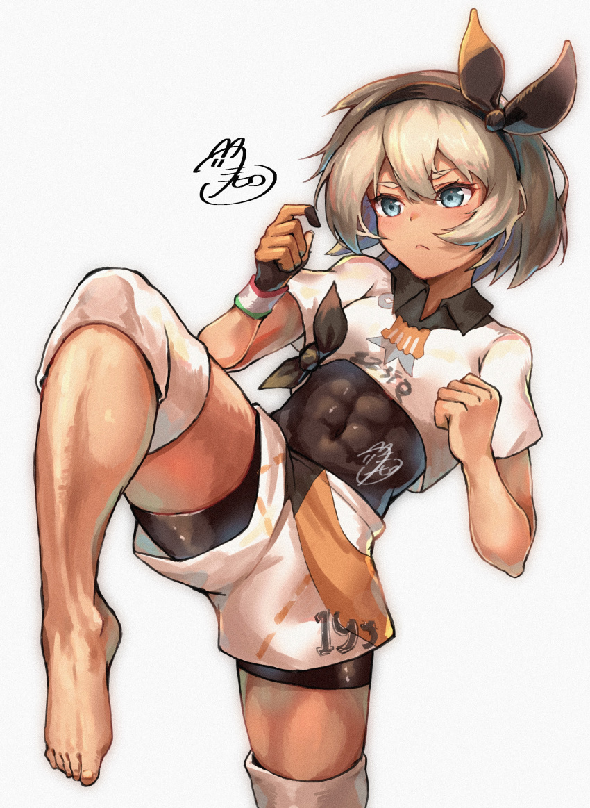 1girl, absurdres, bangs, barefoot, bea_(pokemon), black_bodysuit, black_hairband, blonde_hair