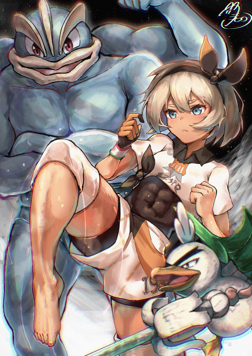 1girl, absurdres, bangs, barefoot, bea_(pokemon), black_bodysuit, black_hairband, blonde_hair
