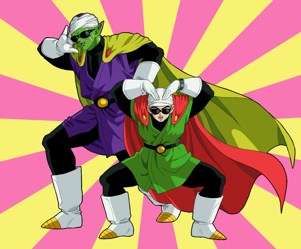 2boys, bandana, blush, boots, cape, dragon_ball, dragon_ball_z, facing_viewer