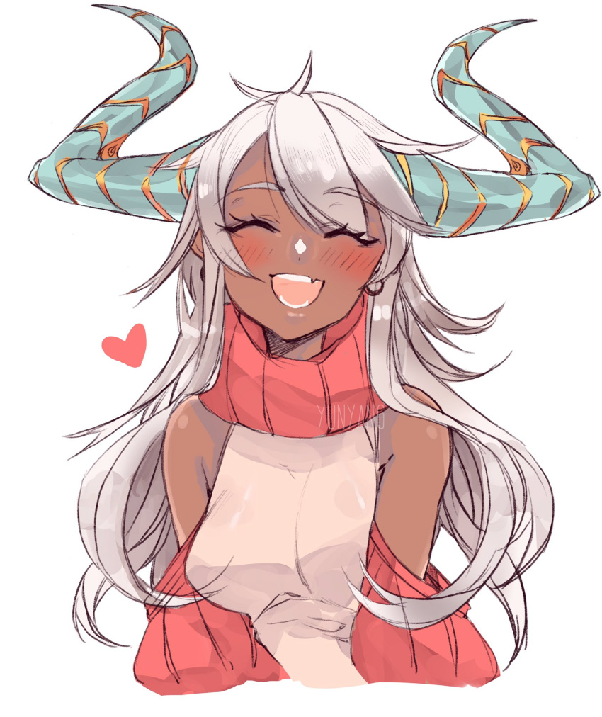1girl, :d, bare_shoulders, breasts, closed_eyes, commentary, dark_skin, dress