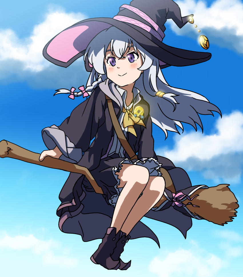 1girl, arumei_(arumeisakufan), blush, boots, broom, broom_riding, elaina_(majo_no_tabitabi), halloween_costume, highres, lace-trimmed_headwear, lace_trim, majo_no_tabitabi, pentacle, silver_hair, skirt, sky, smile, solo, witch, witch_costume