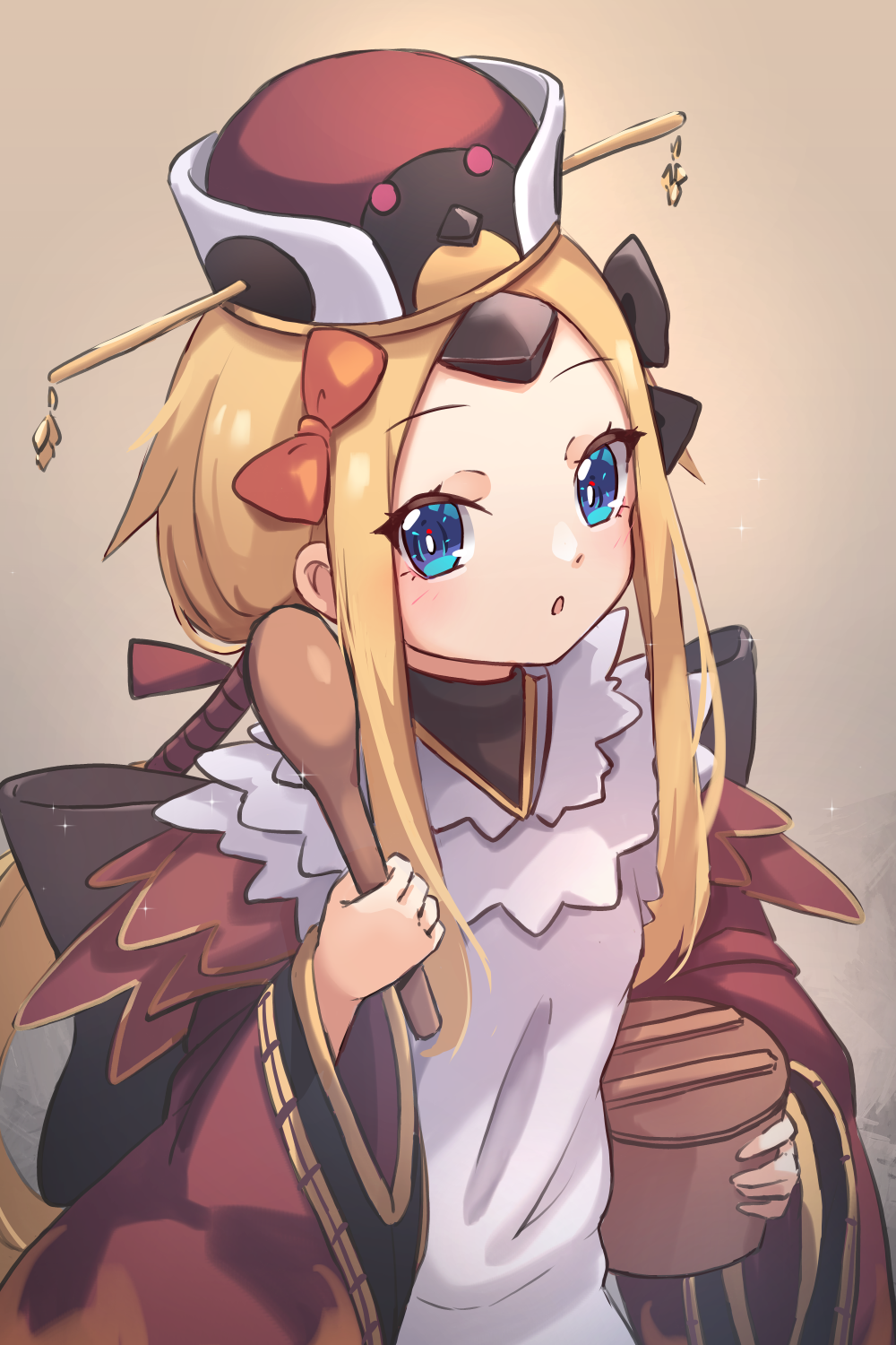 1girl, :o, abigail_williams_(fate/grand_order), bangs, benienma_(fate/grand_order), benienma_(fate/grand_order)_(cosplay), bird_hat, black_bow