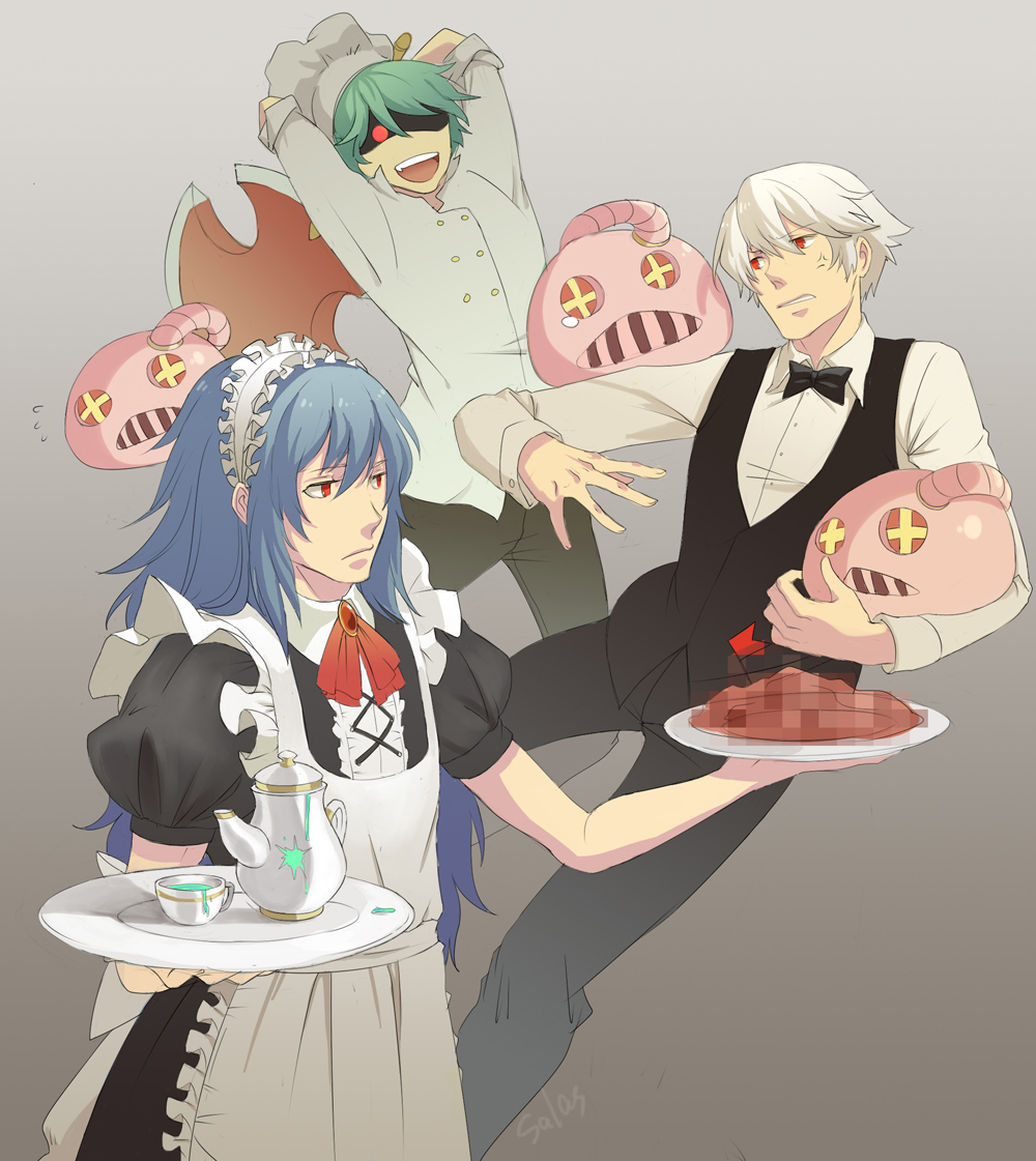 3boys, alternate_costume, anger_vein, animal, apron, axe, bangs, black_bow