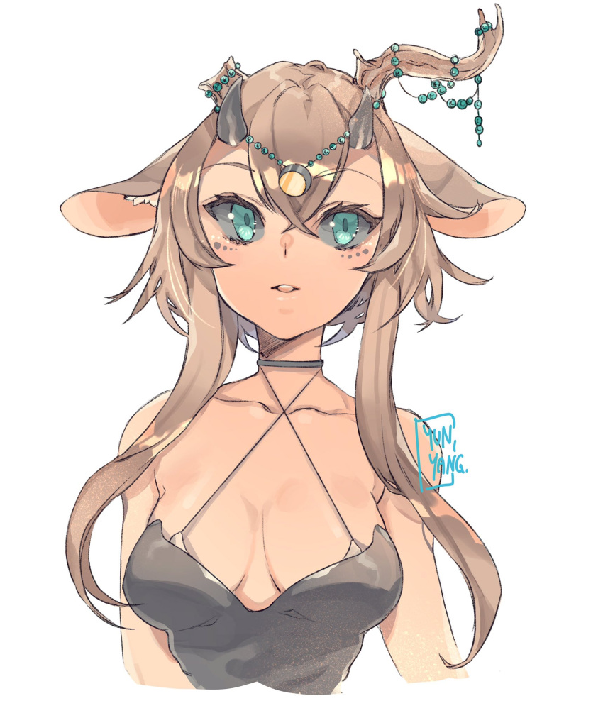 1girl, animal_ears, antler_ornament, bare_shoulders, blue_eyes, breasts, broken_antler, brown_hair