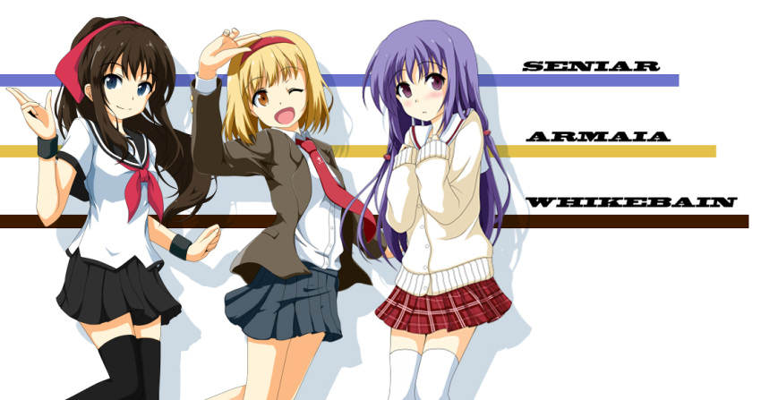 3girls, alternate_costume, arm_up, armeyer_dinze, bangs, beige_sweater, black_legwear, black_sailor_collar, black_skirt, blazer, blonde_hair, blue_eyes, blue_skirt, blush, breasts, brown_hair, brown_jacket, buttons, character_name, clenched_hand, closed_mouth, commentary_request, contemporary, cowboy_shot, egnigem_cenia, eyebrows_visible_through_hair, eyes_visible_through_hair, finger_gun, hair_between_eyes, hairband, hands_on_own_chest, happy, jacket, kuroma_(no_plan), long_hair, long_sleeves, looking_at_viewer, miniskirt, multiple_girls, neckerchief, necktie, one_eye_closed, open_mouth, plaid, plaid_skirt, pleated_skirt, purple_hair, ragnarok_online, red_hairband, red_neckwear, red_skirt, sailor_collar, school_uniform, serafuku, shiny, shiny_hair, shirt, short_hair, short_sleeves, shy, simple_background, skirt, small_breasts, smile, standing, sweater, thigh-highs, uniform, violet_eyes, white_background, white_legwear, white_serafuku, white_shirt, wickebine_tres, wristband, yellow_eyes, zettai_ryouiki