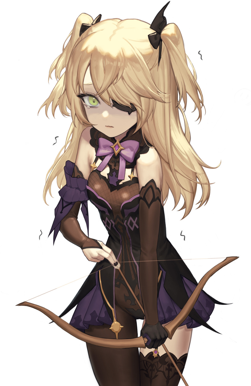 1girl, absurdres, bangs, bare_shoulders, black_dress, black_legwear, blonde_hair, bodystocking, bodysuit, bow, bow_(weapon), breasts, closed_mouth, dress, eyepatch, fischl_(genshin_impact), fishnet_bodysuit, fishnets, genshin_impact, gloves, green_eyes, groin, highres, holding, holding_weapon, long_hair, looking_at_viewer, purple_bow, simple_background, single_glove, single_leg_pantyhose, single_thighhigh, team_glass, tearing_up, thigh-highs, trembling, two_side_up, weapon, white_background