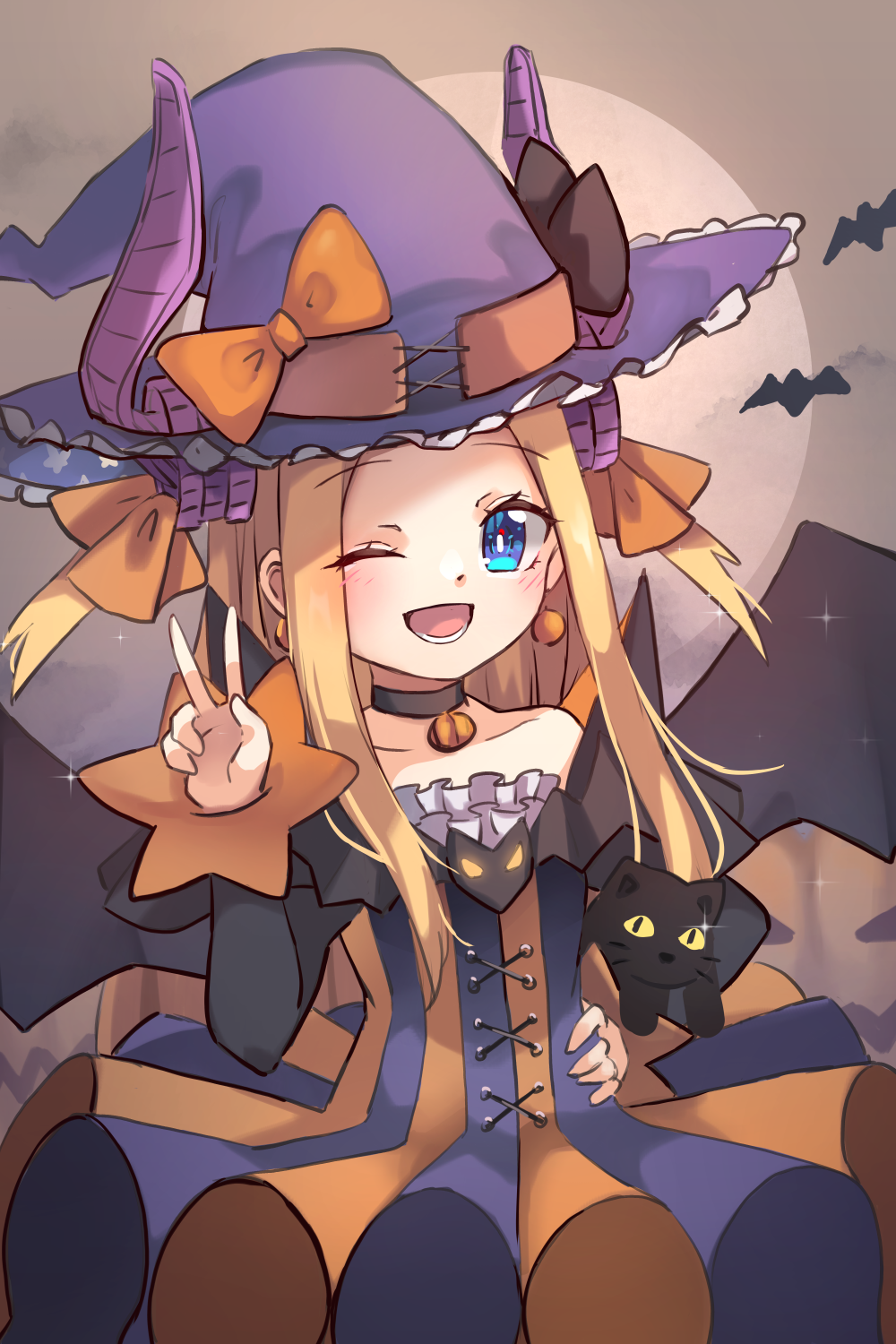 1girl, ;d, abigail_williams_(fate/grand_order), bangs, black_bow, black_cat, blonde_hair, blue_eyes