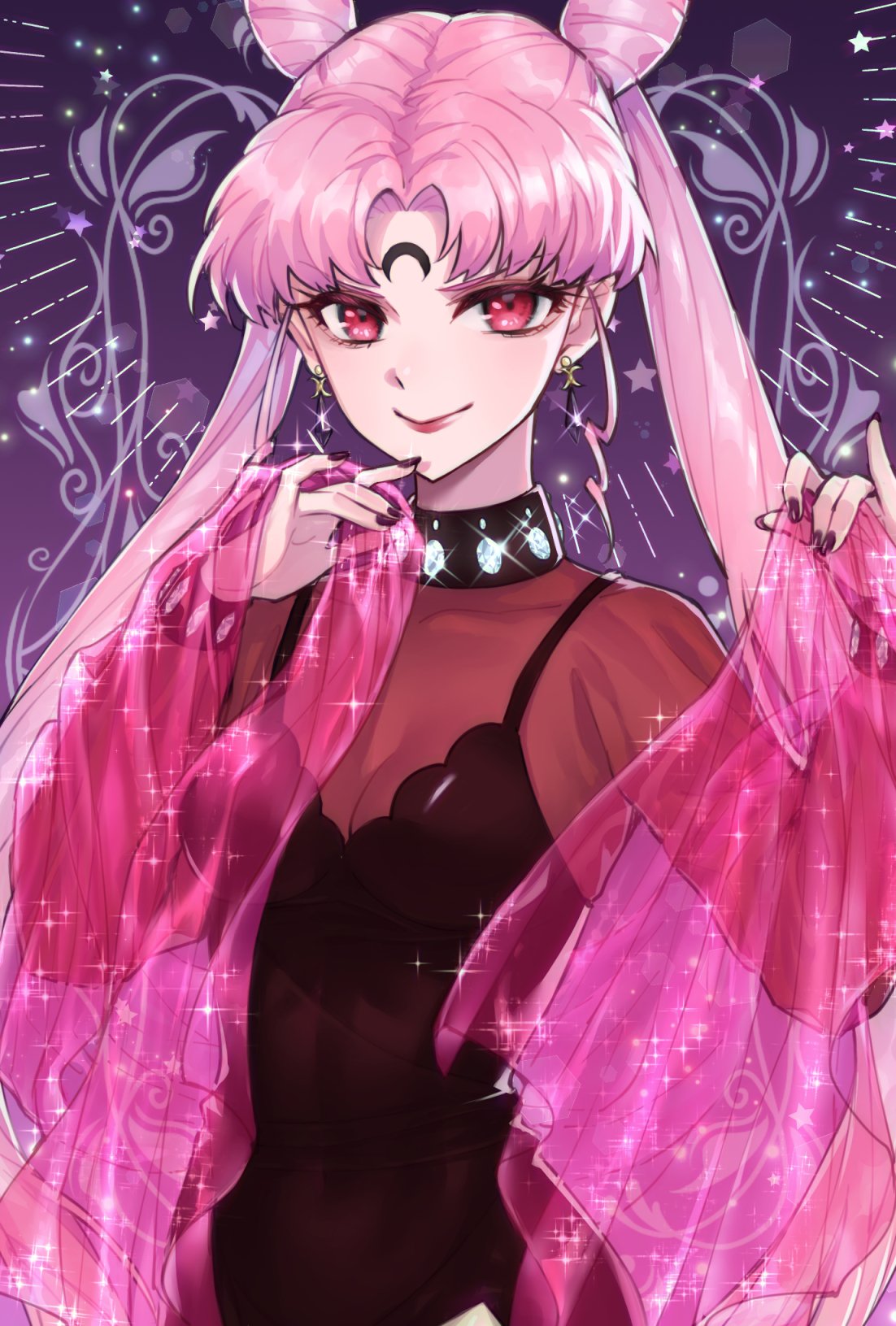 1girl, bishoujo_senshi_sailor_moon, black_dress, black_lady, chibi_usa, commentary_request, crescent, double_bun