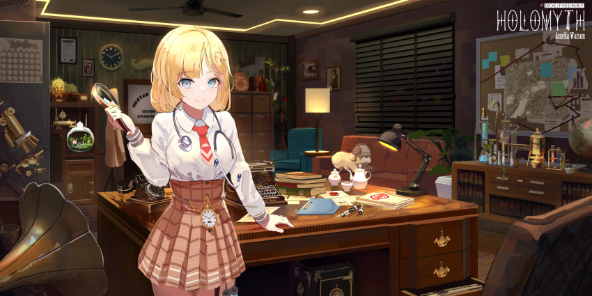 1girl, blinds, blonde_hair, blue_eyes, bubba_(watson_amelia), bulletin_board, calendar_(object), chair