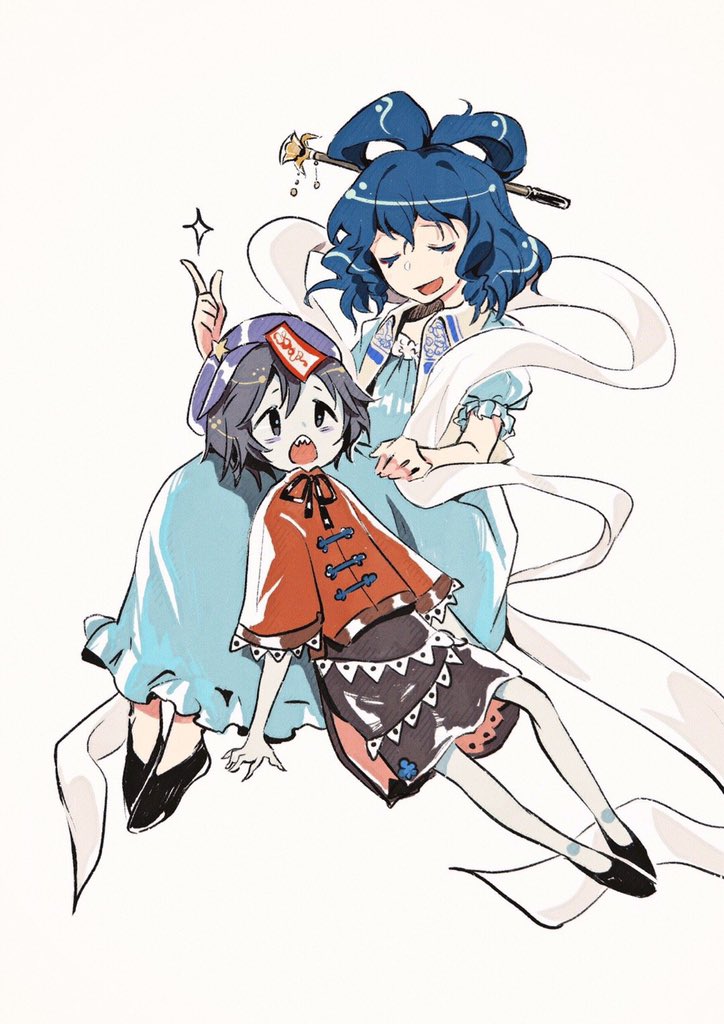 2girls, arms_at_sides, bangs, black_eyes, black_footwear, black_hair, black_neckwear, black_ribbon