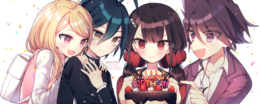 2boys, 2girls, :d, :i, ahoge, akamatsu_kaede, backpack, bag
