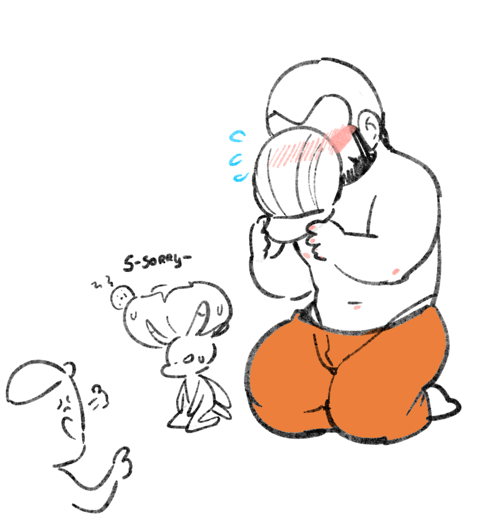 1boy, abs, bald, bara, beard, blush, calyrex, chibi