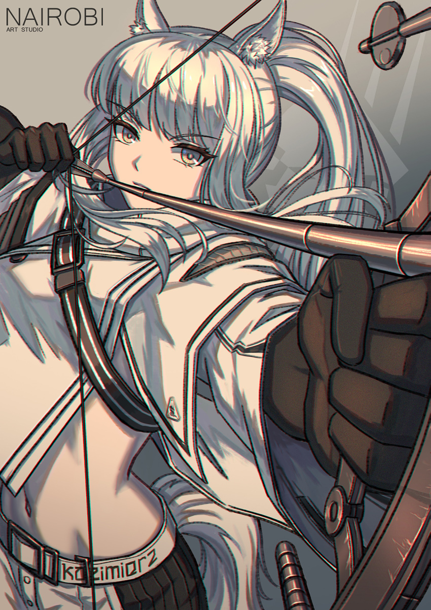 1girl, animal_ear_fluff, animal_ears, arknights, arrow_(projectile), bangs, black_gloves, bow_(weapon)