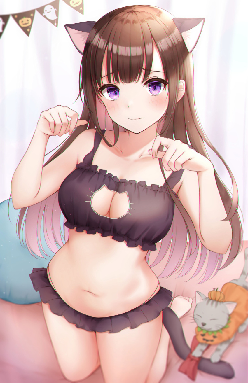 1girl, absurdres, animal_ears, breasts, brown_hair, cat, cat_bra, cat_ears, cat_girl, cat_lingerie, cat_tail, embarrassed, halloween, highres, large_breasts, long_hair, looking_at_viewer, meme_attire, navel, original, solo, tail, violet_eyes, yukiunag1