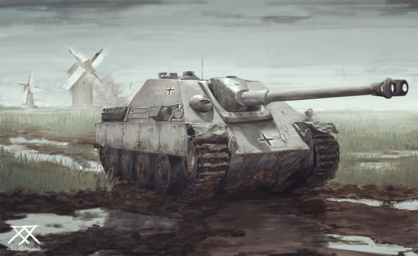 artist_name, bluemole, caterpillar_tracks, clouds, day, emblem, english_commentary, grass