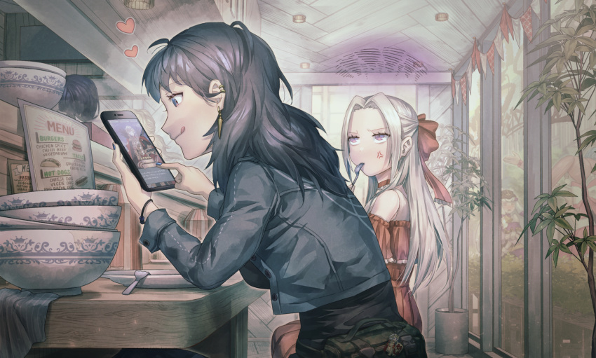 4girls, ahoge, alternate_costume, alternate_universe, anger_vein, bag, bare_shoulders, black_eyes