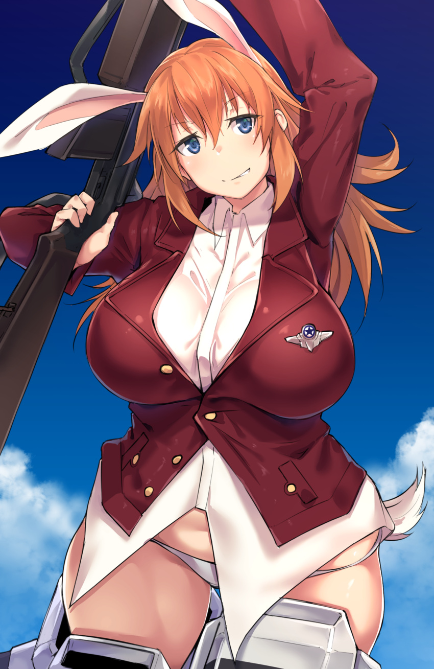 1girl, 501st_joint_fighter_wing, animal_ears, blue_eyes, breasts, charlotte_e_yeager, collared_shirt, gun