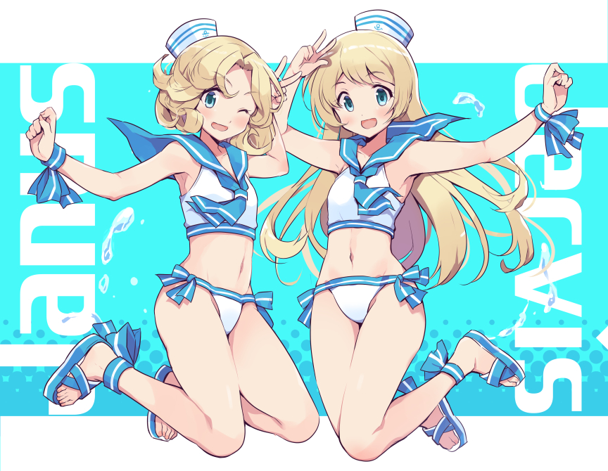 2girls, :d, alternate_costume, anchor_symbol, arm_up, bare_legs, bikini, blonde_hair