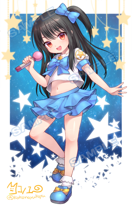 1girl, :d, adachi_tenka, black_hair, blue_bow, blue_footwear, blue_skirt, bobby_socks