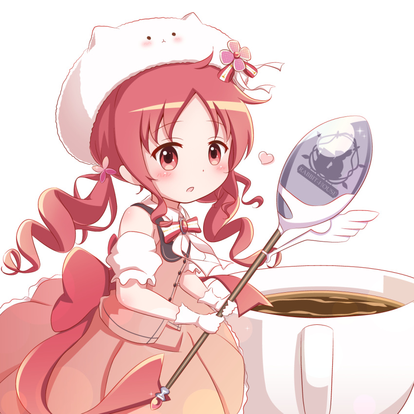 1girl, animal_hat, bangs, bow, character_hat, collared_shirt, commentary_request, cup