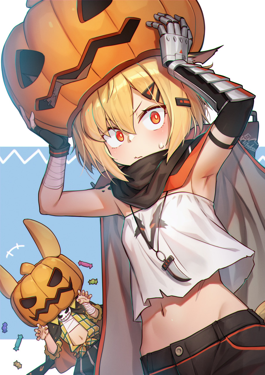 +++, 2girls, animal_ears, arknights, armpits, bandaged_arm, bandages, bangs, bare_shoulders, black_cape, black_cloak, black_gloves, black_shorts, blonde_hair, blue_background, blush, candy, cape, claw_pose, cloak, commentary_request, cowboy_shot, eyebrows_visible_through_hair, fang_necklace, fingerless_gloves, food, fox_ears, fox_tail, gloves, groin, hair_between_eyes, hair_ornament, hairclip, halloween, halloween_costume, highres, holding, holding_food, holding_pumpkin, holding_vegetable, kroos_(arknights), kroos_(the_mag)_(arknights), looking_at_viewer, midriff, mitake_eil, multiple_girls, navel, notched_ear, official_alternate_costume, orange_eyes, originium_(arknights), plaid, plaid_shirt, prosthesis, prosthetic_arm, pumpkin, pumpkin_on_head, rabbit_ears, sarashi, shirt, short_hair, shorts, sidelocks, signature, single_fingerless_glove, skirt, standing, strapless_shirt, striped, sweat, tail, vegetable, vermeil_(arknights), vertical-striped_skirt, vertical_stripes, wavy_mouth, white_shirt, yellow_shirt