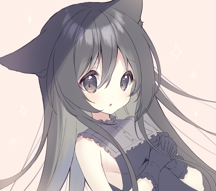 1girl, :o, animal_ear_fluff, animal_ears, bangs, bare_shoulders, black_dress, black_eyes