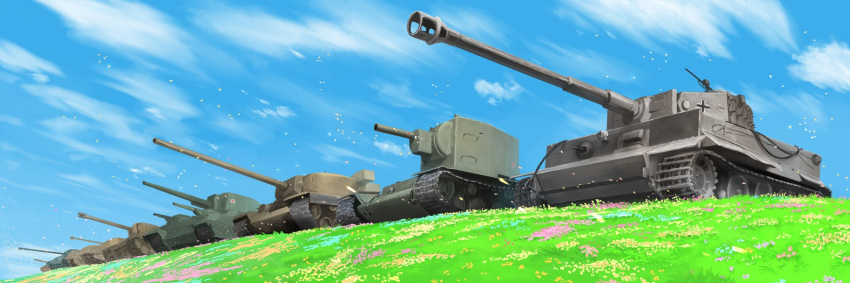 artist_name, caterpillar_tracks, clouds, commentary_request, dated, day, elefant, emblem, flower, grass, ground_vehicle, highres, iron_cross, is-3, kv-2, military, military_vehicle, motor_vehicle, narotake, no_humans, o-i_superheavy_tank_series, original, sky, tank, tiger_i, world_of_tanks