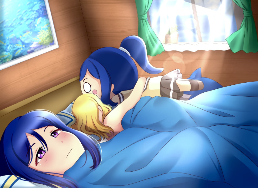 2girls, 500_dollar_four_foot_tall_mareep, bed, bedroom, blonde_hair, blue_hair, blush, character_doll