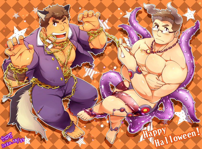 2boys, ;d, absurdres, alternate_costume, animal_ears, bara, bare_chest, blush, briefs, chain, chained_wrists, chest, chest_hair, claw_pose, cosplay, crossed_arms, dagon_(tokyo_houkago_summoners), dagon_(tokyo_houkago_summoners)_(cosplay), demon_horns, facial_hair, foreshortening, fox_boy, fox_ears, fox_tail, gamr_(tokyo_houkago_summoners), gamr_(tokyo_houkago_summoners)_(cosplay), glasses, halloween, halloween_costume, happy_halloween, highres, horns, jacket, jewelry, kengo_(tokyo_houkago_summoners), kontahsm, male_focus, mouth_hold, multiple_boys, muscle, necklace, nipples, one_eye_closed, open_clothes, open_jacket, open_mouth, pants, purple_jacket, purple_pants, revealing_clothes, shiro_(tokyo_houkago_summoners), short_hair, sideburns, smile, stubble, tail, tentacles, thick_thighs, thighs, tokyo_houkago_summoners, underwear