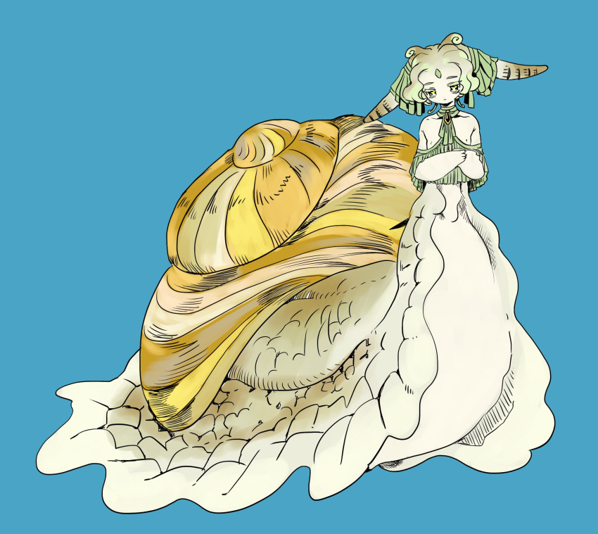 1boy, bare_shoulders, blue_background, closed_mouth, full_body, green_eyes, highres, horns, looking_at_viewer, male_focus, monster_boy, original, shima_(wansyon144), simple_background, smile, snail_boy, snail_shell, solo