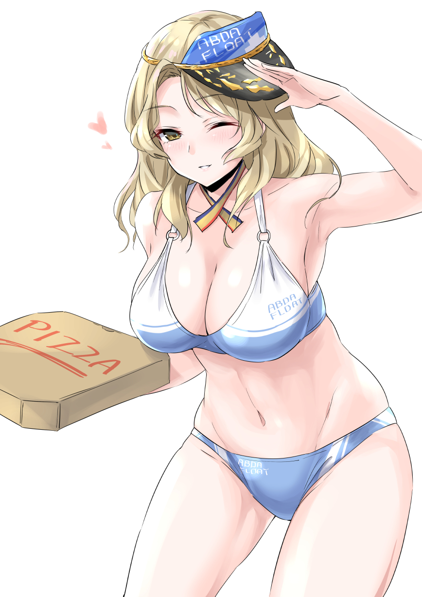 1girl, bikini, blonde_hair, blue_bikini, breasts, heart, highres, houston_(kantai_collection)