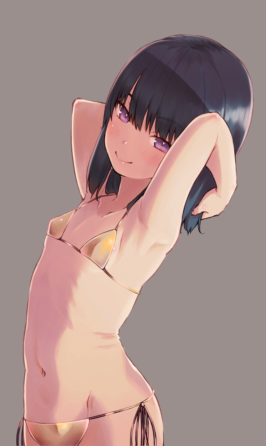 1girl, arms_behind_head, bangs, bikini, black_hair, blush, breasts, child