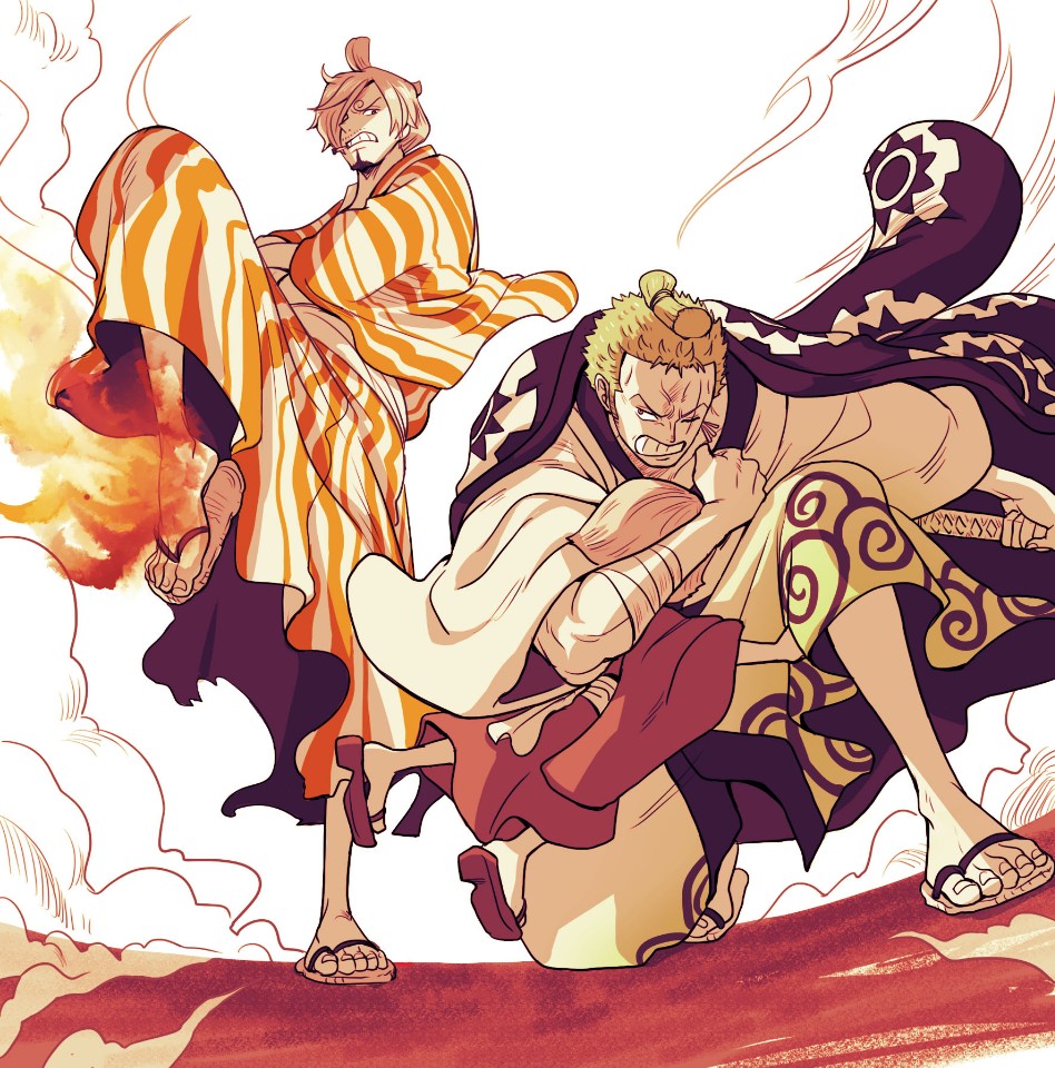 2boys, alternate_hairstyle, bangs, black_eyes, blonde_hair, cigarette, facial_hair, feet_up