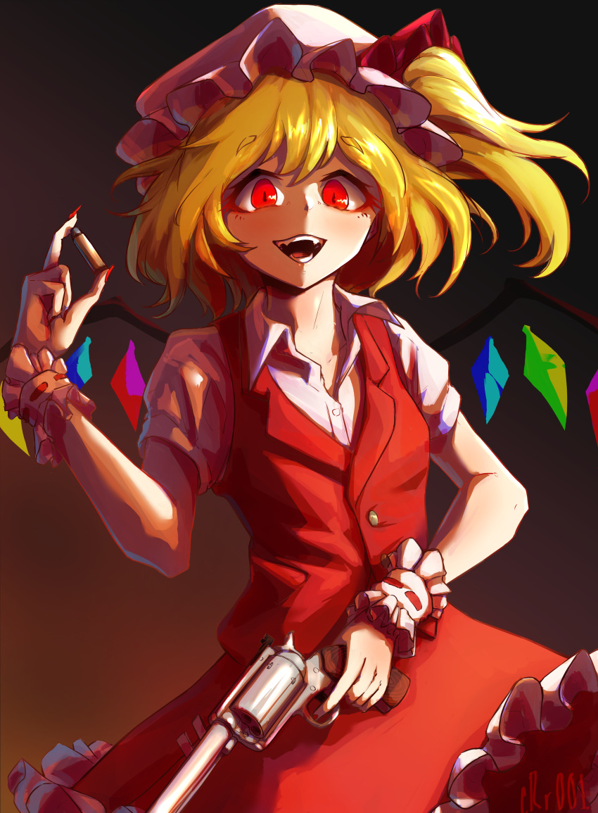 1girl, absurdres, alternate_weapon, artist_name, bangs, black_background, blonde_hair, brown_background
